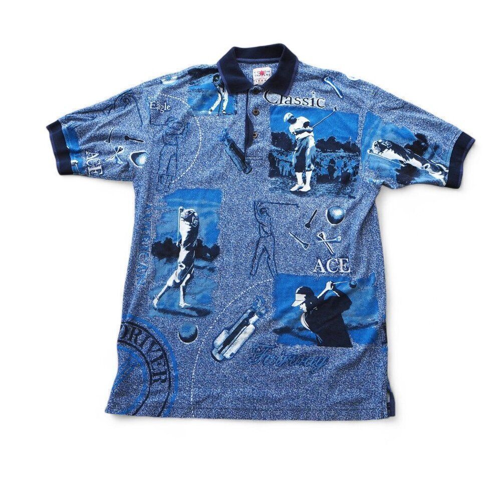 Cotton Traders Vintage 80s 90s Golf Graphic Print Sports SS Polo Blue Men's LT